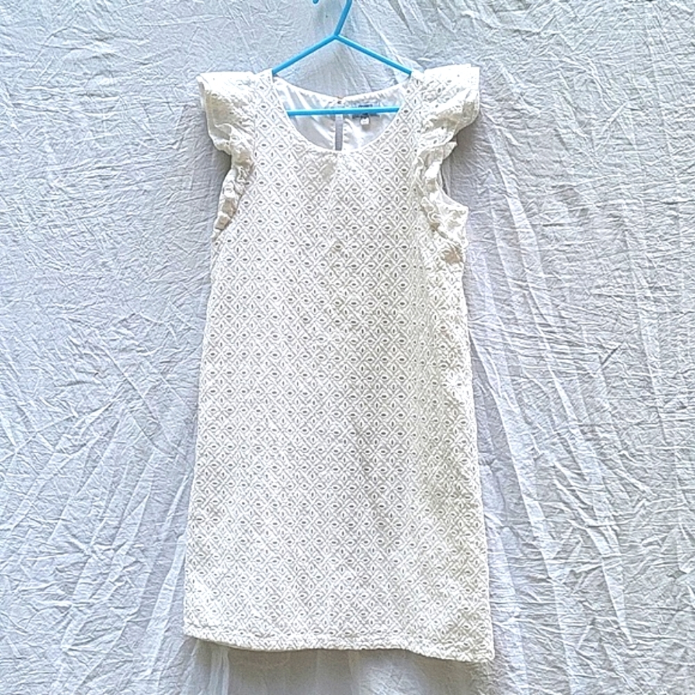 Girl's white eyelet dress, ruffle cap sleeves, keyhole back, Crown & Ivy, sz 16